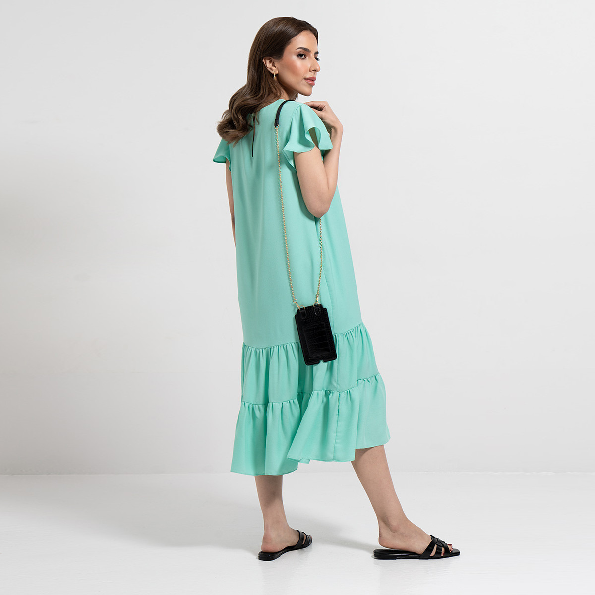Rina Solid Midi A-line Tiered Dress with Round Neck and Cap Sleeves-women-clothing-dresses-image-3