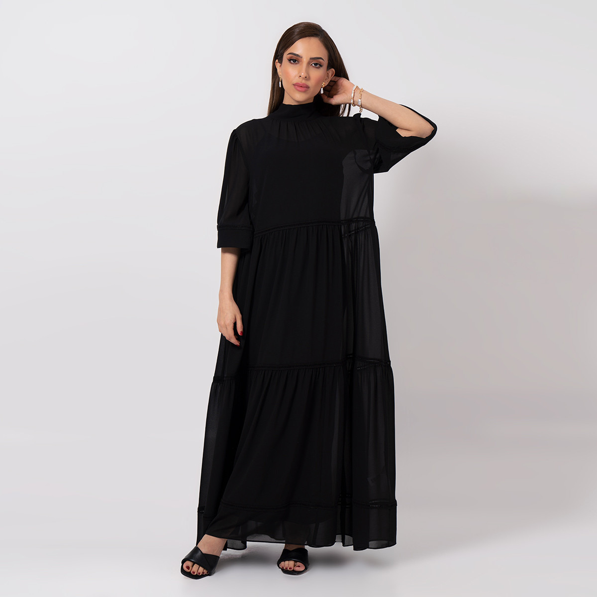 Rina Solid Maxi A-line Tiered Dress with High Neck and 3/4 Sleeves-women-clothing-dresses-image-1