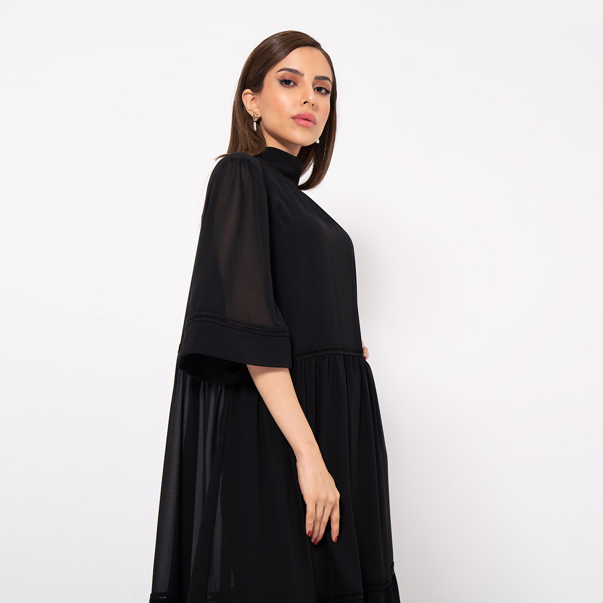 فستان طويل إيه لاين سادة بياقة عالية وأكمام 3/4 من رينا-women-clothing-dresses-image-2