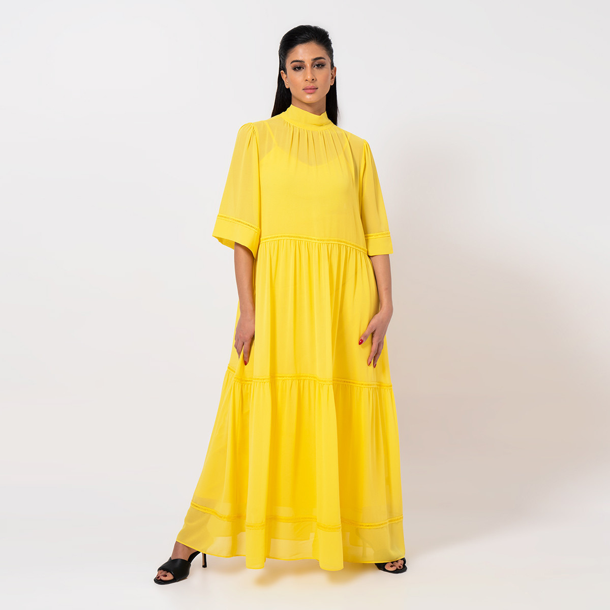 فستان طويل إيه لاين سادة بياقة عالية وأكمام 3/4 من رينا-women-clothing-dresses-image-4