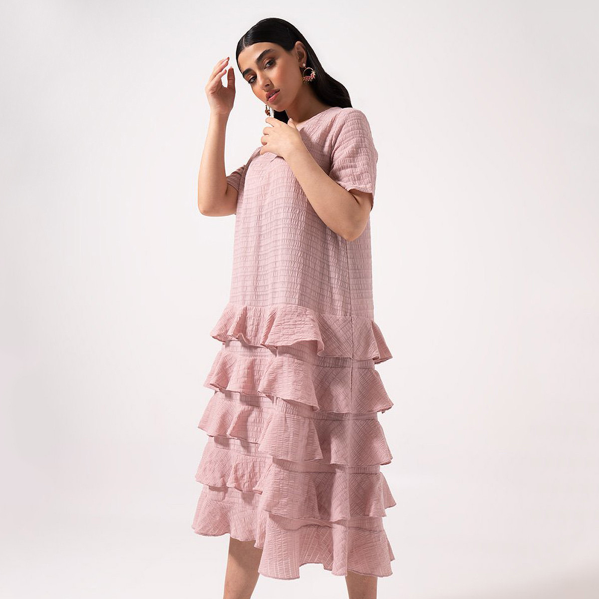 Rina Ruffled Midi A-line Dress with Round Neck and Short Sleeves-women-clothing-dresses-image-1
