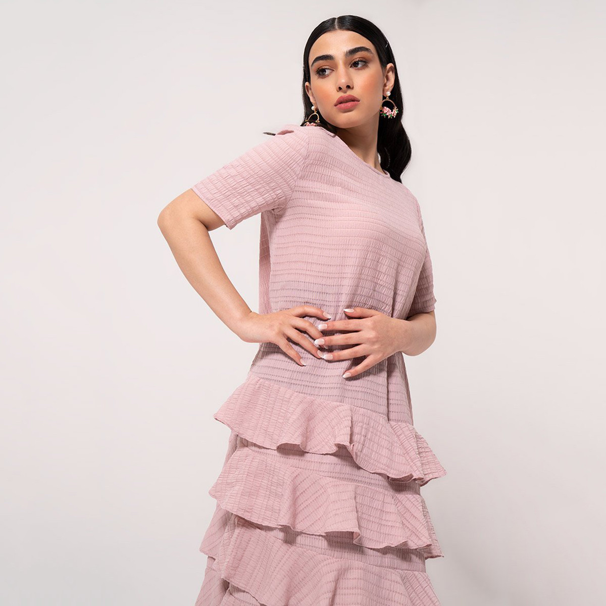 Rina Ruffled Midi A-line Dress with Round Neck and Short Sleeves-women-clothing-dresses-image-2