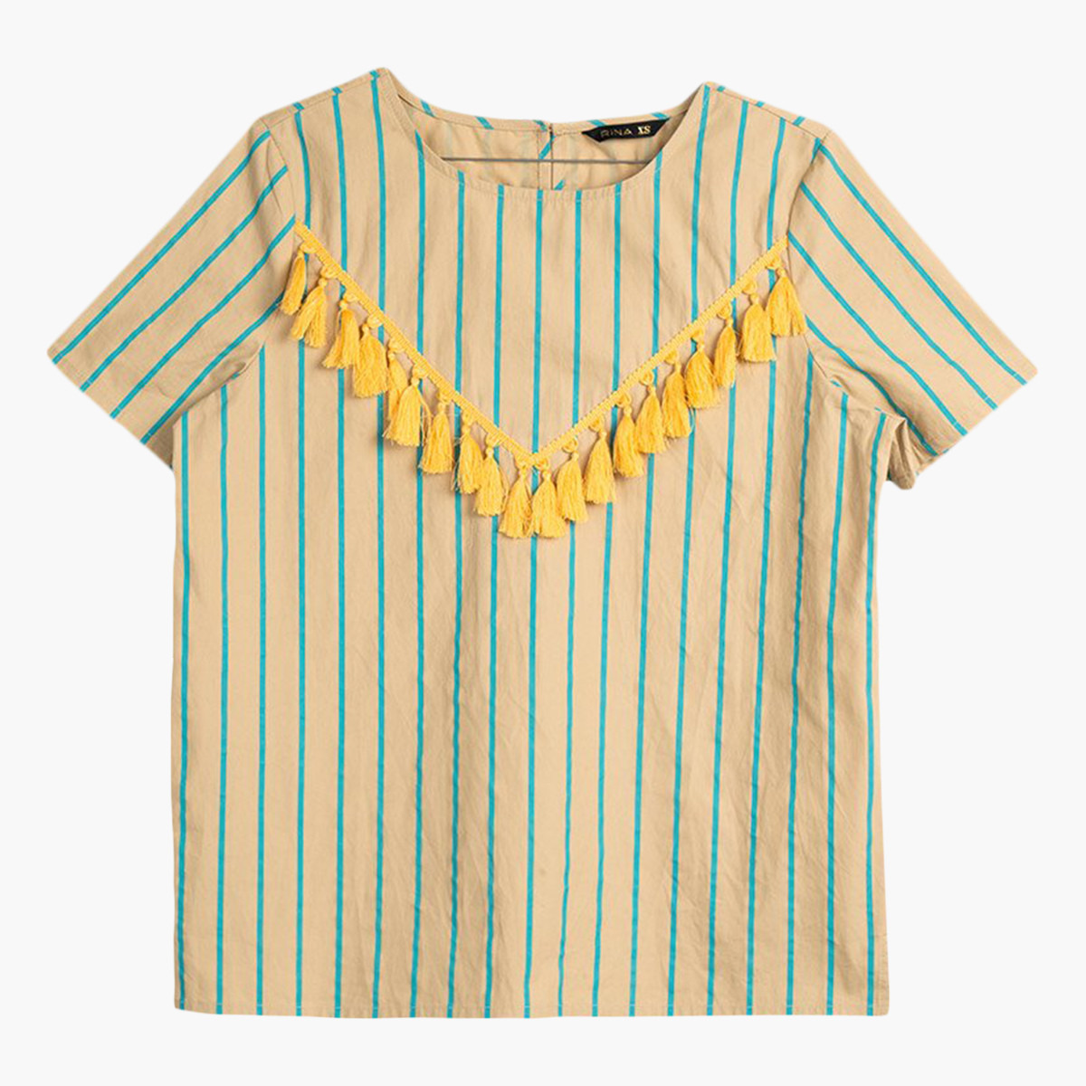 بلوزة مخططة بياقة دائرية وأكمام قصيرة وزينة شُرّابات من رينا-women-clothing-shirtsandblouses-blouses-image-4