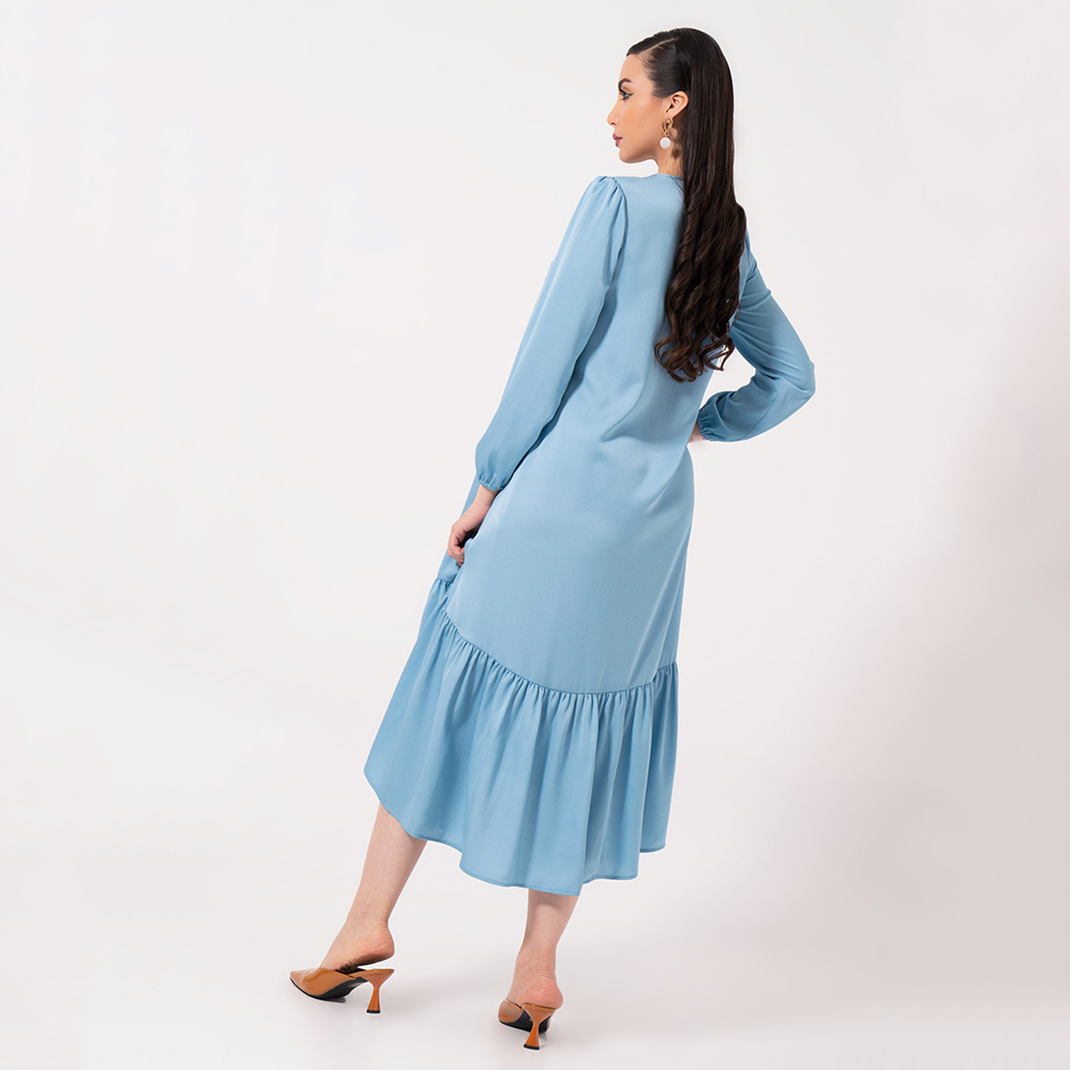 فستان ميدي إيه لاين مطرّز بأربطة وتفاصيل كشكشة من رينا-women-clothing-dresses-image-3
