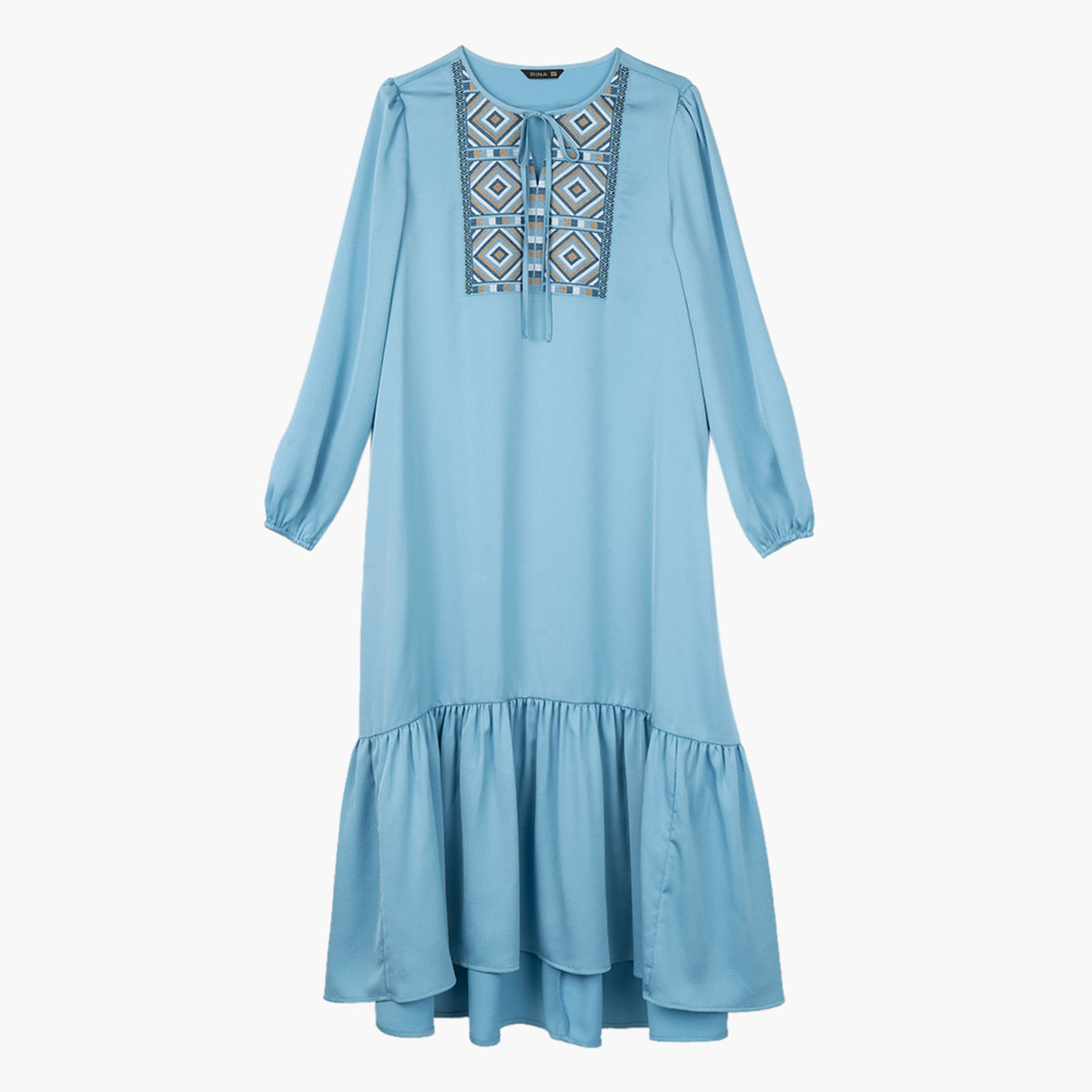 فستان ميدي إيه لاين مطرّز بأربطة وتفاصيل كشكشة من رينا-women-clothing-dresses-image-4