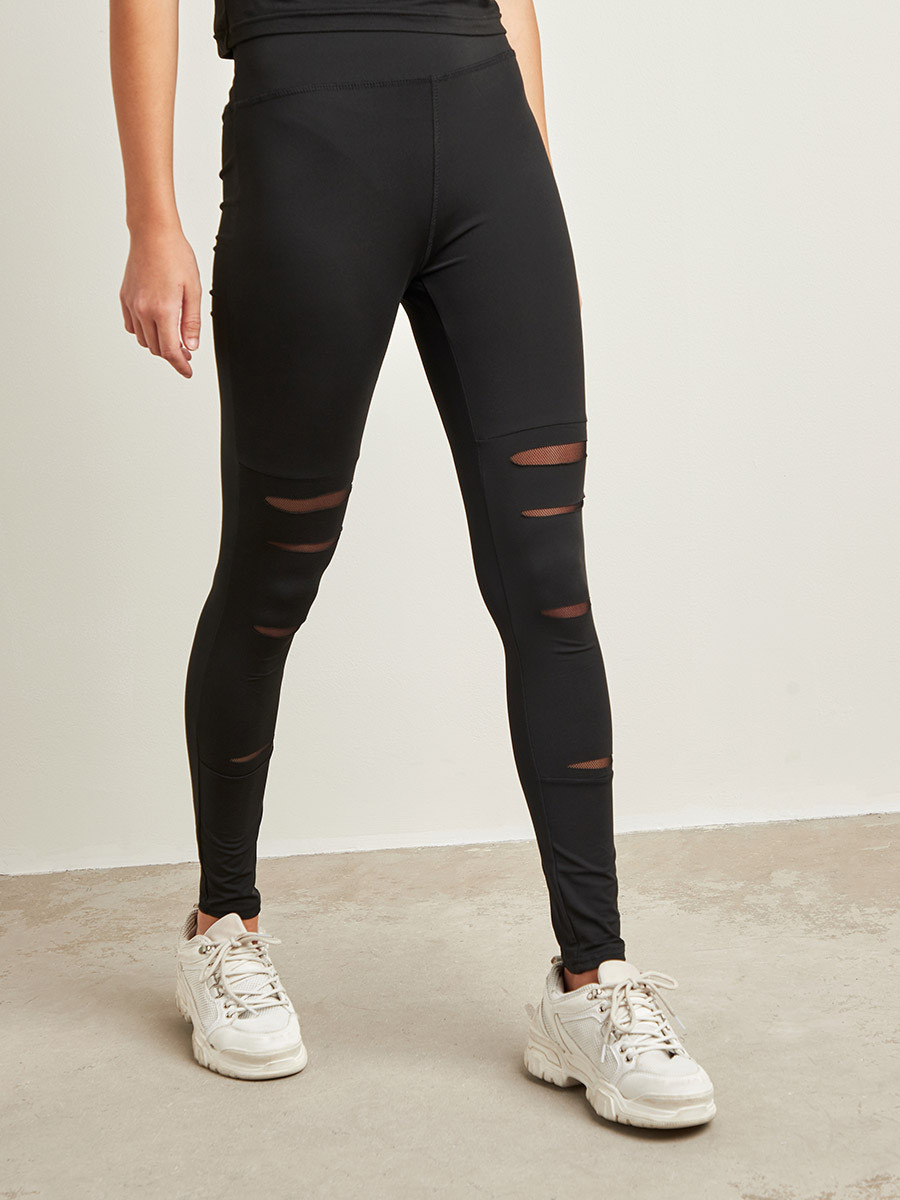 Styli Solid Distressed Leggings with Mesh Insert Detail-women-clothing-leggings-image-1