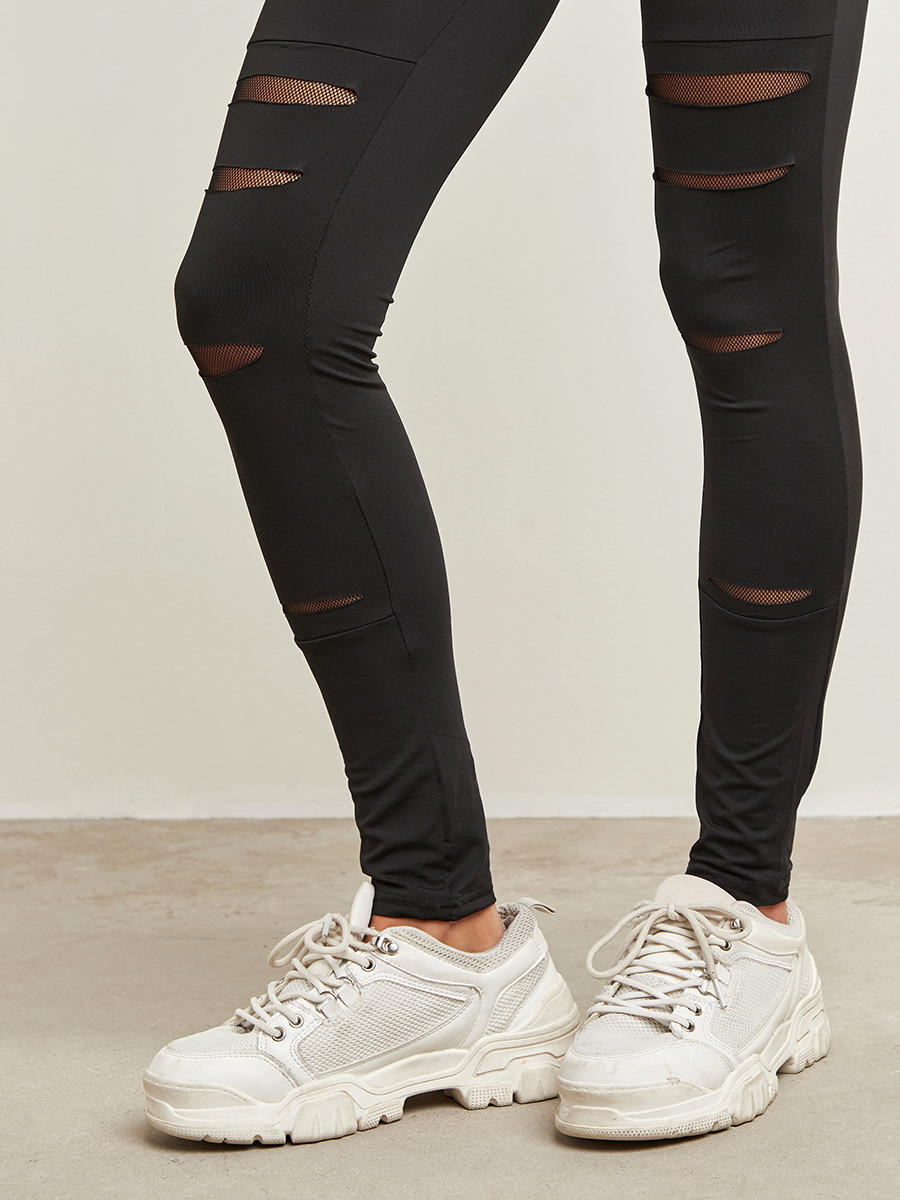 Styli Solid Distressed Leggings with Mesh Insert Detail-women-clothing-leggings-image-3
