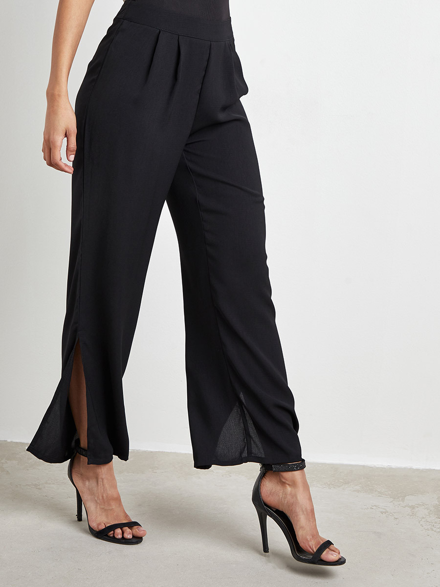 Styli Solid Wide Leg Palazzo Pants with Side Slit Detail-women-clothing-trousers-image-1