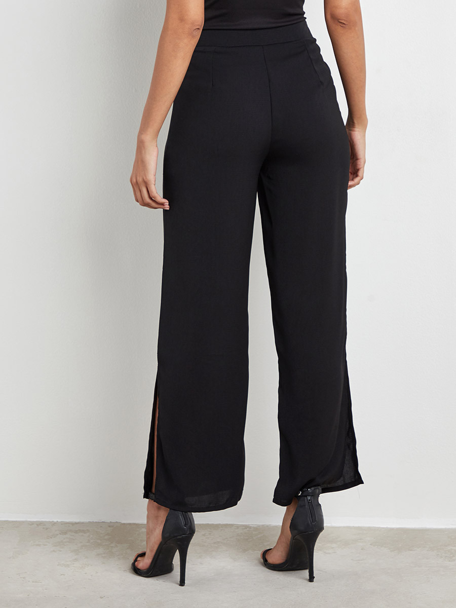 Styli Solid Wide Leg Palazzo Pants with Side Slit Detail-women-clothing-trousers-image-3