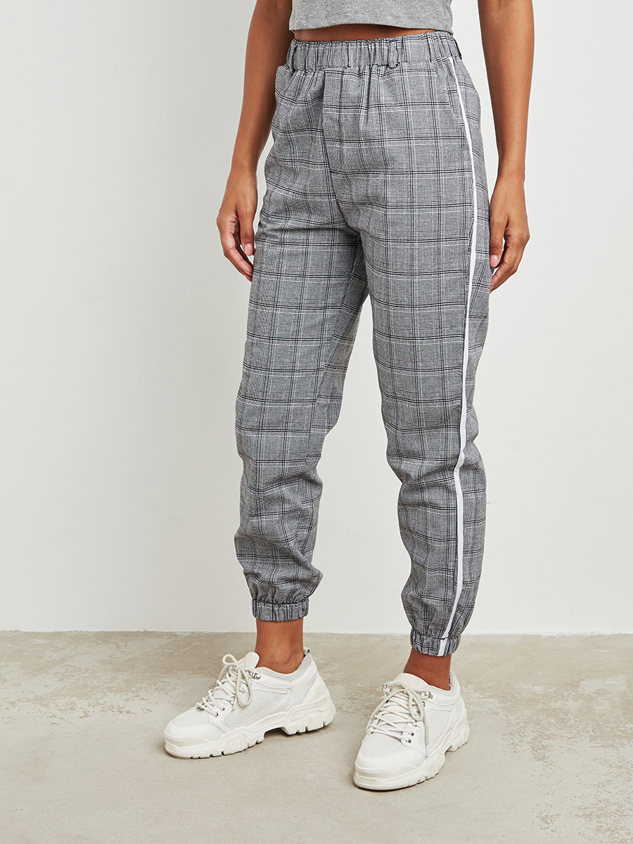 بنطلون عالي الخصر بنمط المربعات وخطوط جانبية من ستايلي-women-clothing-bottoms-joggers-image-2