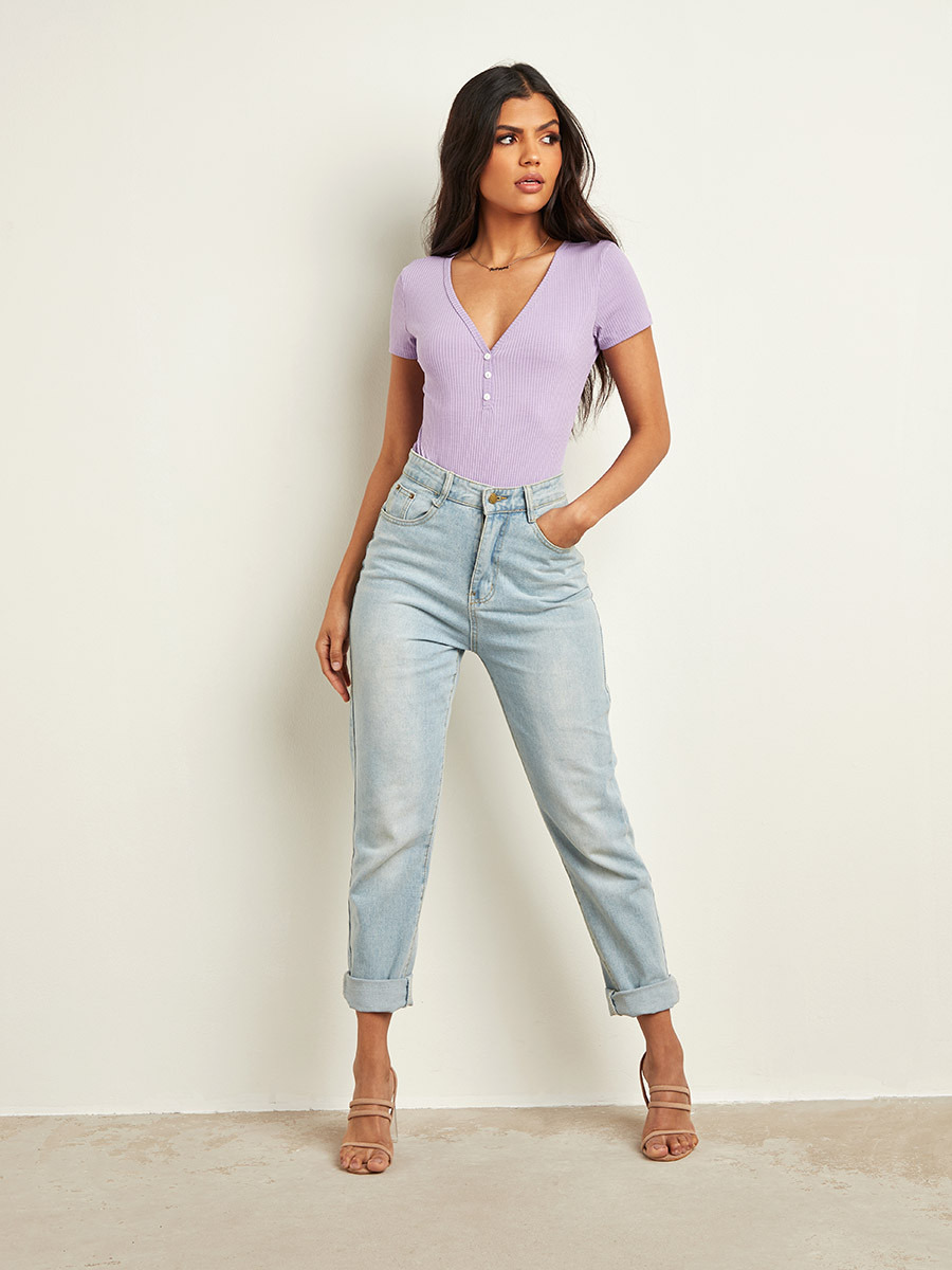 Styli Ribbed Plunge Neck Button Detail Bodysuit-women-clothing-tshirts-image-3