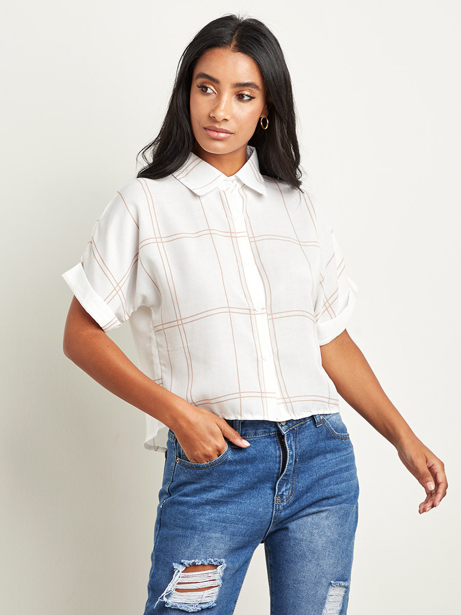 قميص بنمط المربعات بأكمام قصيرة من ستايلي-women-clothing-shirtsandblouses-blouses-image-1
