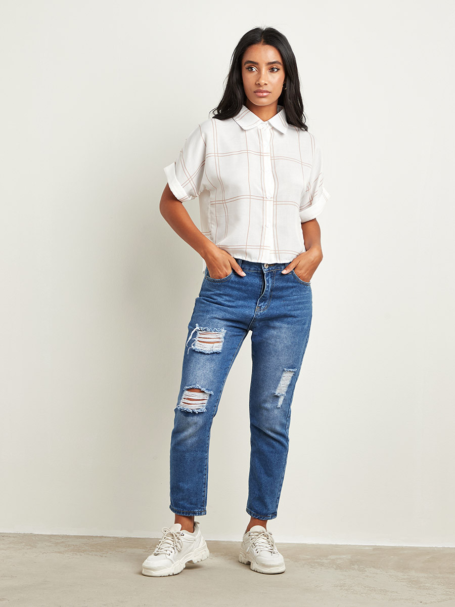 قميص بنمط المربعات بأكمام قصيرة من ستايلي-women-clothing-shirtsandblouses-blouses-image-2