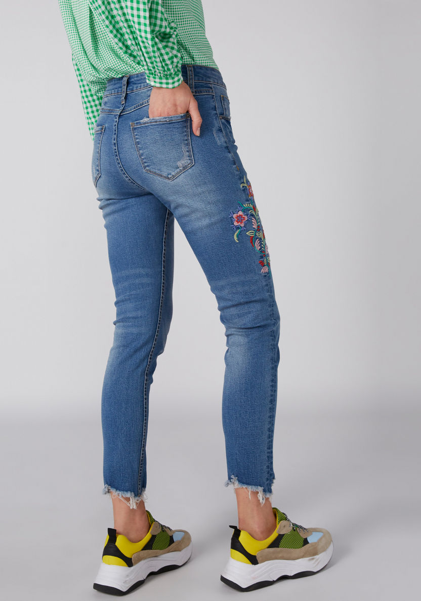 Embroidered Pocket Detail Jeans with Frayed Grazers-Jeans-image-1