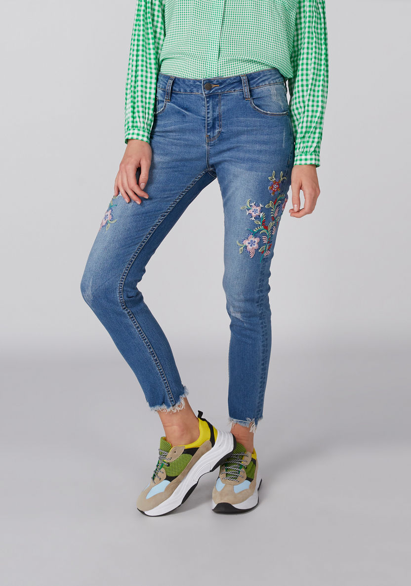 Embroidered Pocket Detail Jeans with Frayed Grazers-Jeans-image-2