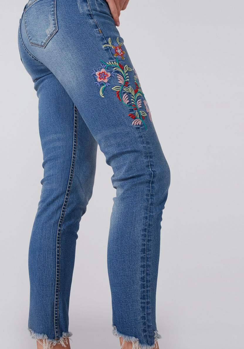 Embroidered Pocket Detail Jeans with Frayed Grazers-Jeans-image-3