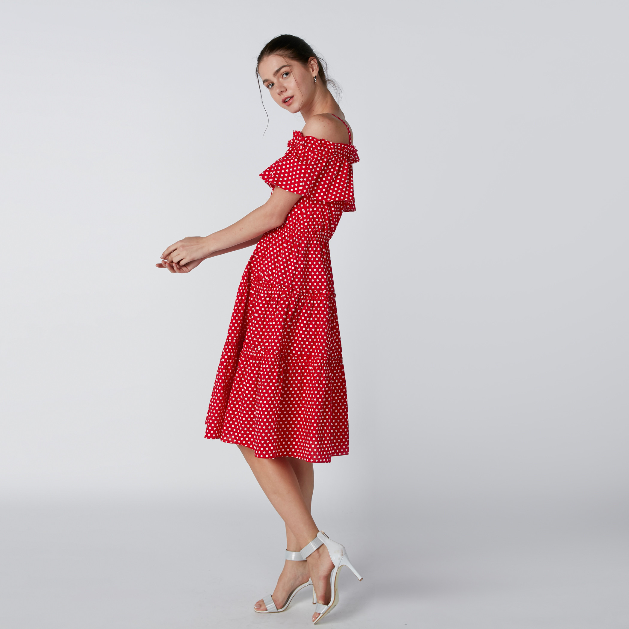 Red polka dot hot sale off shoulder dress