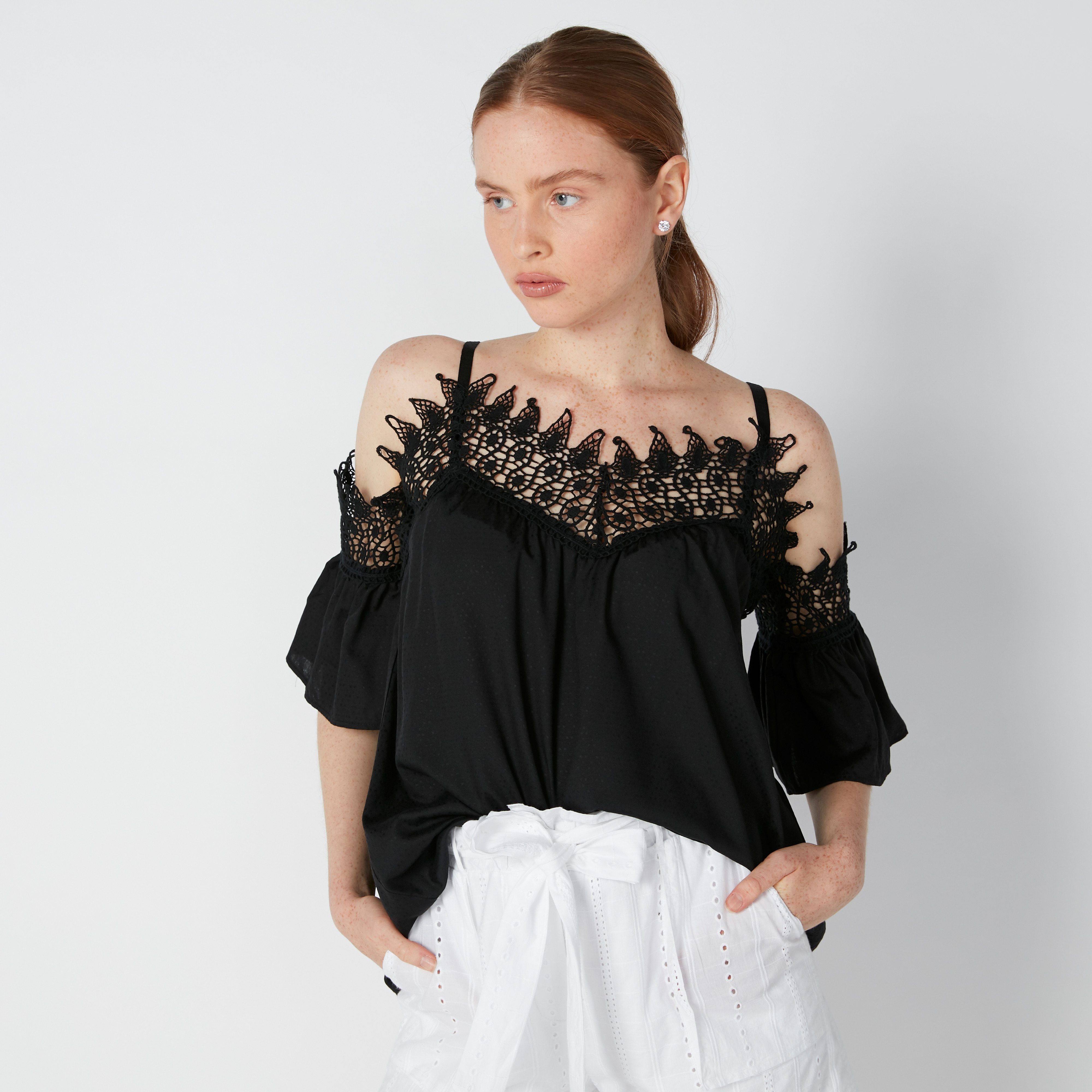 Lace Detail Top with Cold Shoulder Sleeves and V-Neck-women-clothing-shirtsandblouses-blouses-image-2
