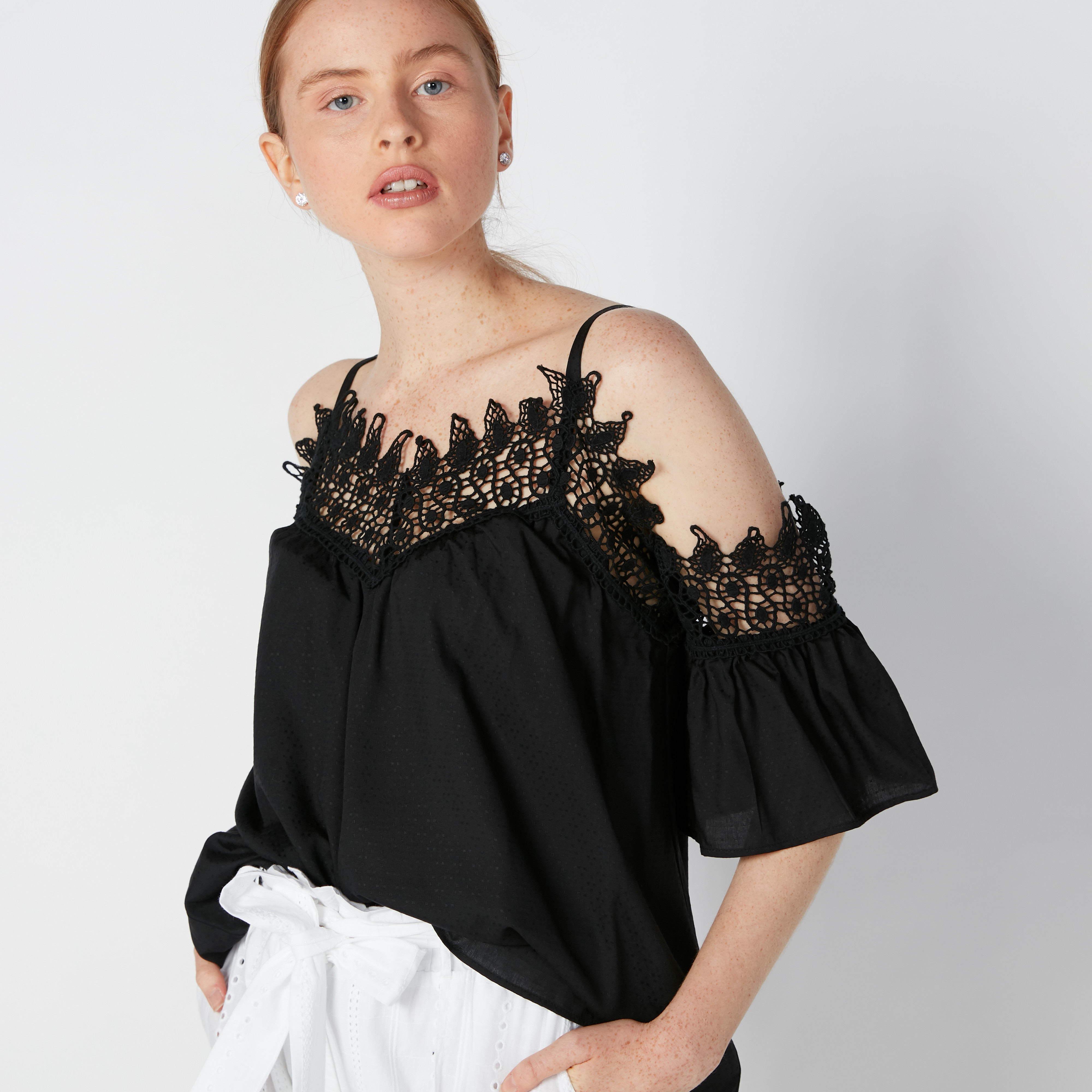 Lace Detail Top with Cold Shoulder Sleeves and V-Neck-women-clothing-shirtsandblouses-blouses-image-15