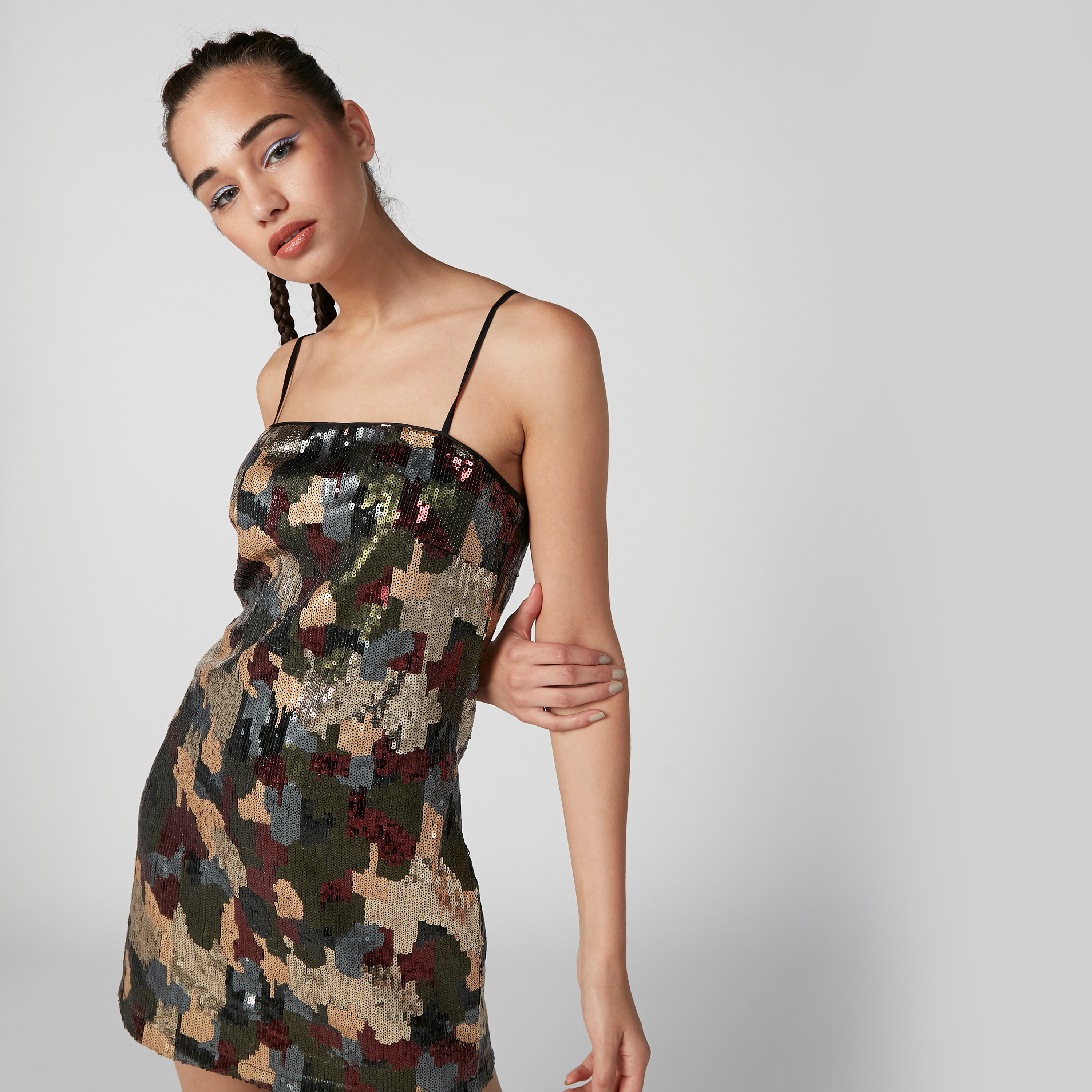 Camouflage Textured Mini Dress with Spaghetti Straps and Zip Closure-women-clothing-dresses-image-3