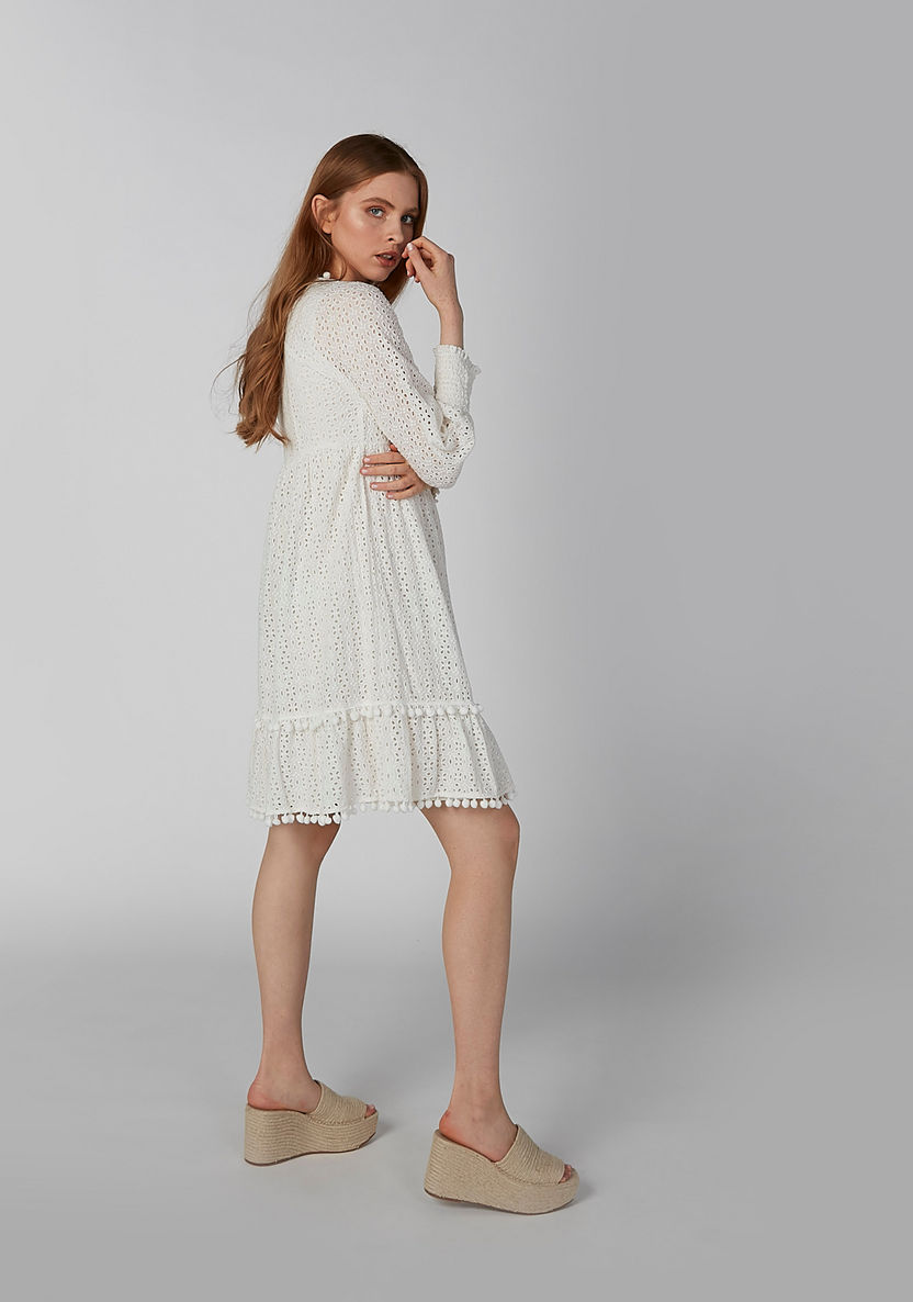 Textured Midi Dress with V-neck and Long Sleeves-Dresses-image-3