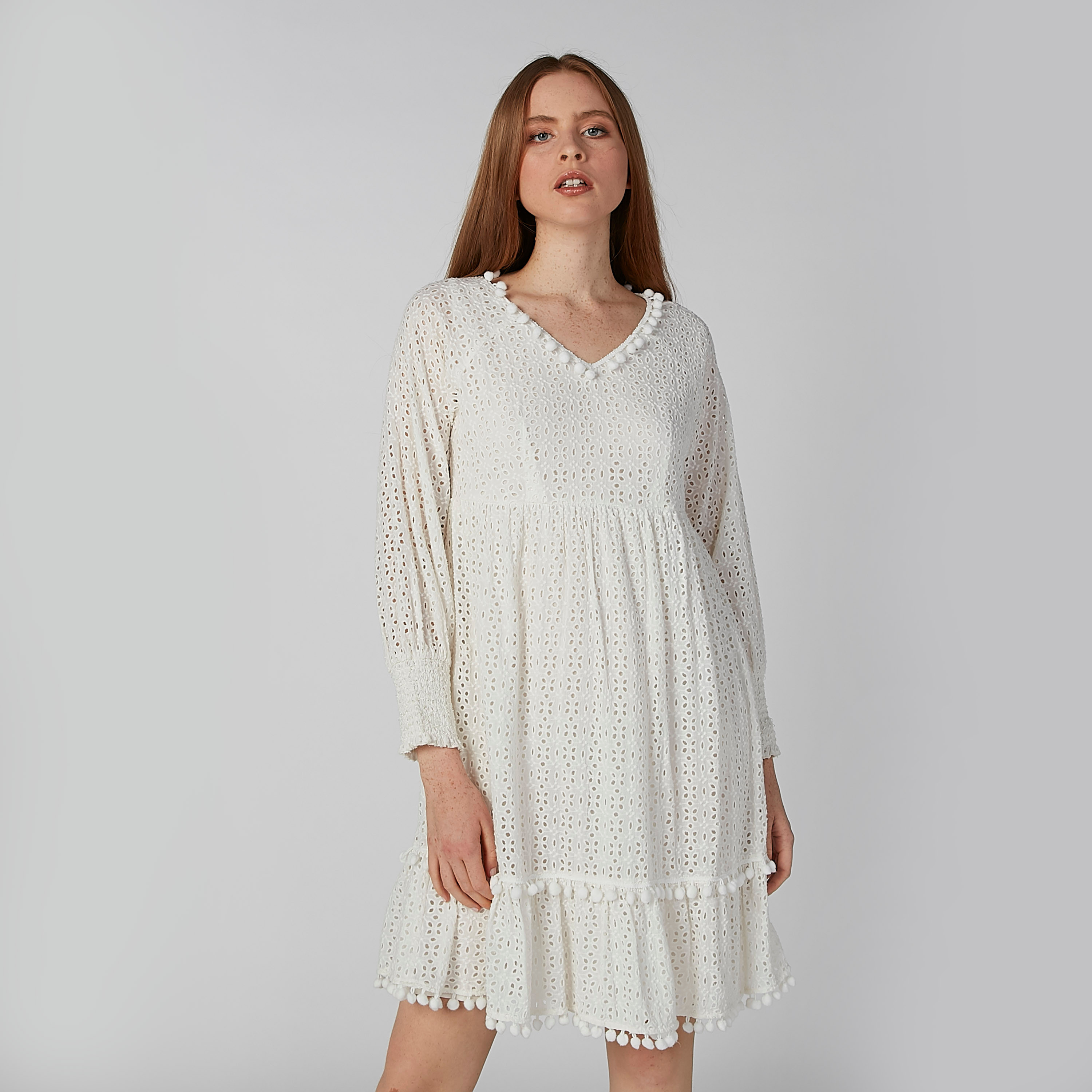 فستان متوسط الطول بارز الملمس بأكمام طويلة وياقة V-women-clothing-dresses-image-5