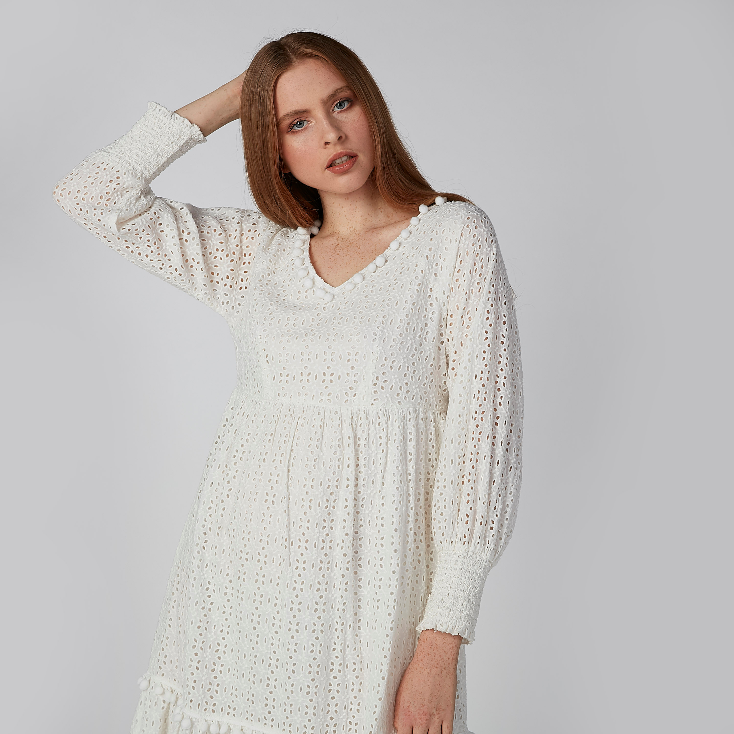 فستان متوسط الطول بارز الملمس بأكمام طويلة وياقة V-women-clothing-dresses-image-3