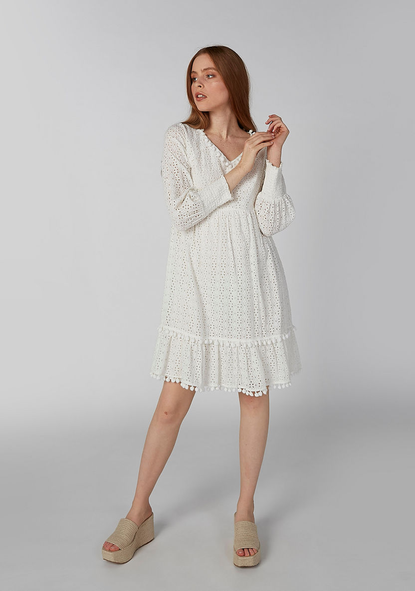 Textured Midi Dress with V-neck and Long Sleeves-Dresses-image-1