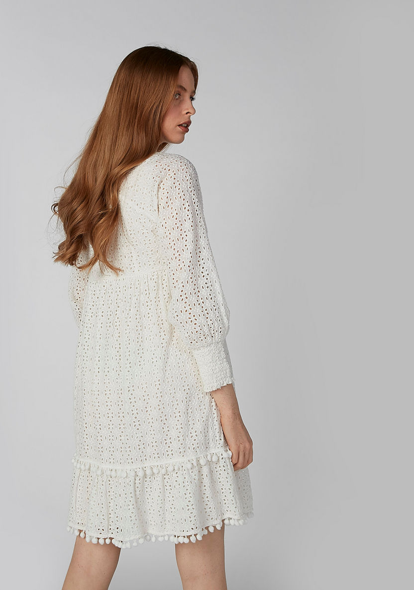 Textured Midi Dress with V-neck and Long Sleeves-Dresses-image-4