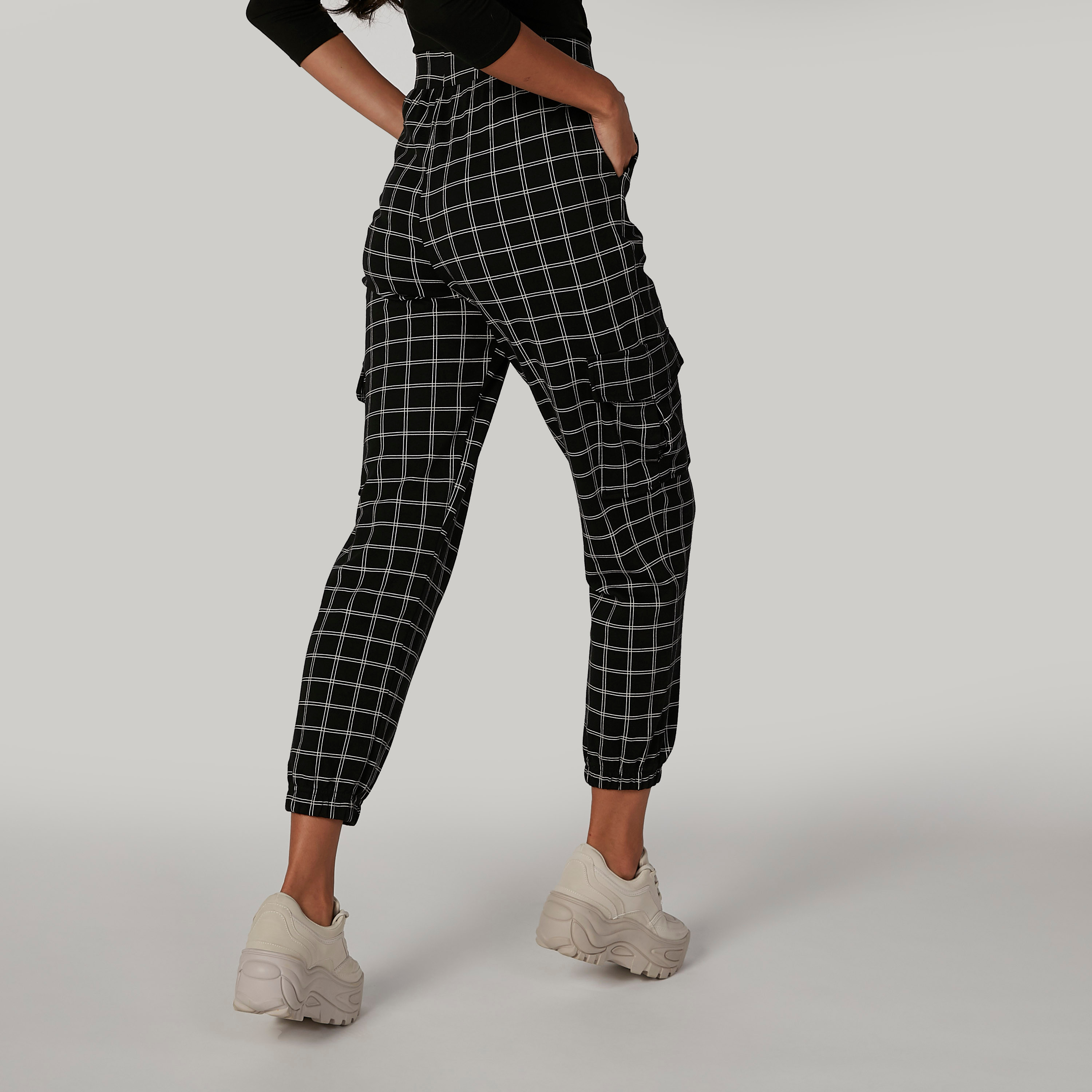 Chequered Cuffed Pants with Elasticised Waistband and Pocket Detail-women-clothing-trousers-image-2