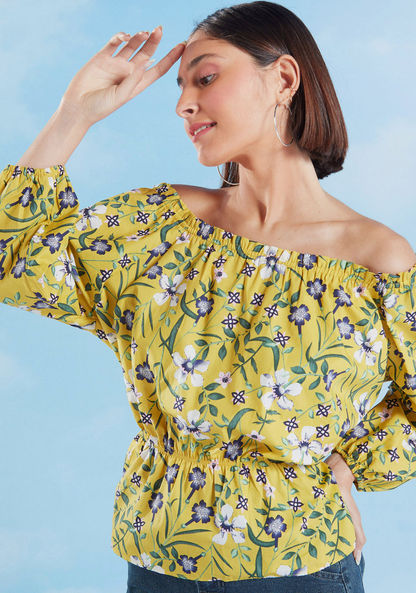 Floral Off Shoulder Top with Long Sleeves and Smocking Detail