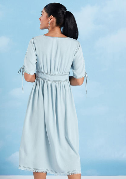 Plain Midi Shirt Dress with V-neck and Short Sleeves