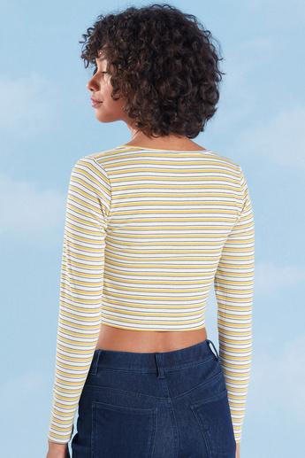 Striped Crop T-shirt with Scoop Neck and Long Sleeves