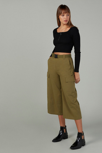 Plain Cropped Mid Waist Cargo Pants with Pocket Detail