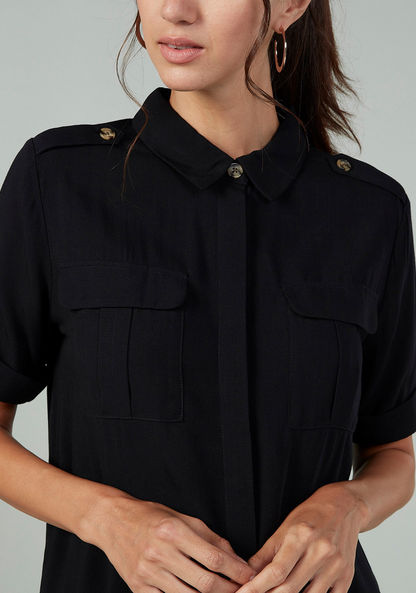 Textured Shirt with Spread Collar and Short Sleeves