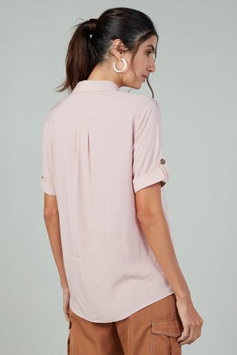 Textured Shirt with Spread Collar and Short Sleeves