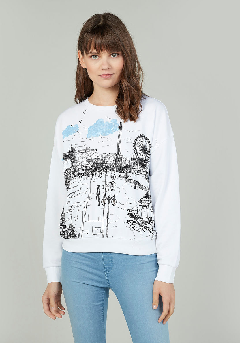 Shop Printed Sweatshirt with Round Neck and Long Sleeves Online