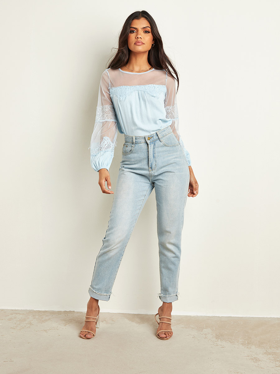 Styli Sheer Eyelash Lace Mesh Sleeves Detail Blouse-women-clothing-shirtsandblouses-blouses-image-2