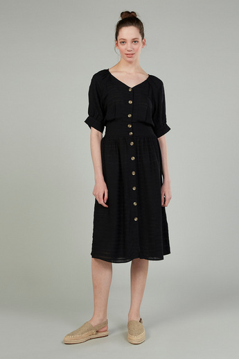 Textured Midi A-line Dress with V-neck and Short Sleeves