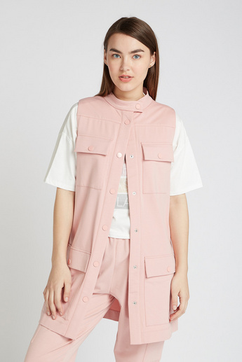 Textured Sleeveless Jacket with High Neck and Pocket Detail