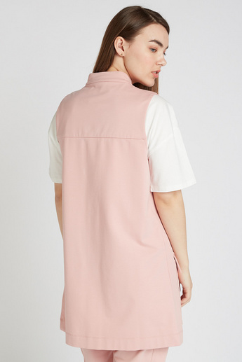 Textured Sleeveless Jacket with High Neck and Pocket Detail