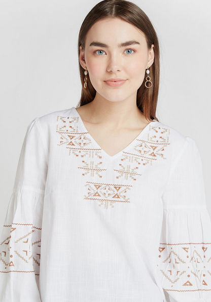 Embroidered Top with V-neck and Long Sleeves