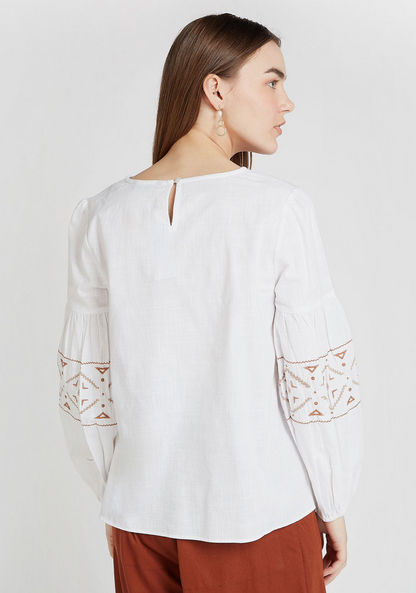 Embroidered Top with V-neck and Long Sleeves