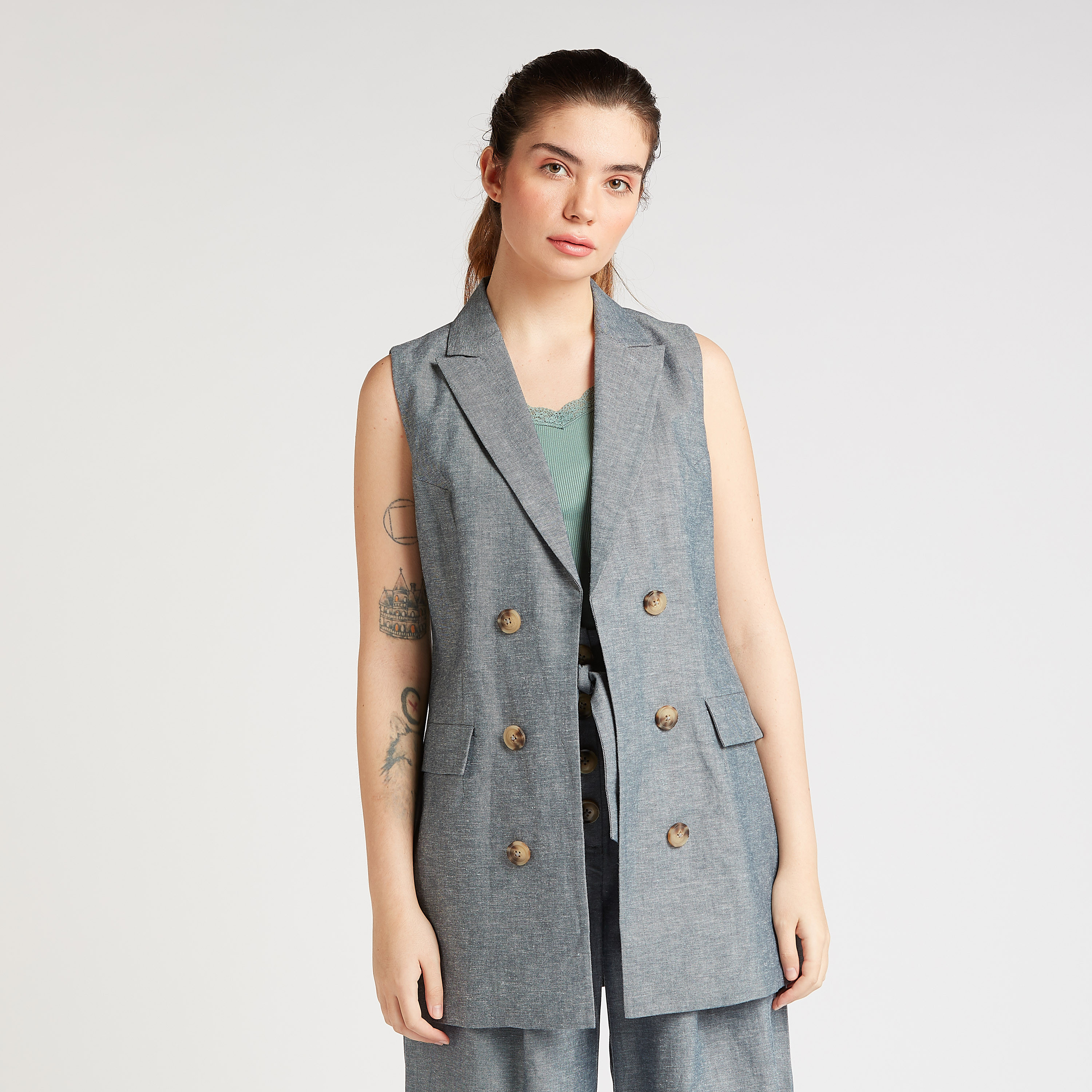 Shop Solid Sleeveless Longline Jacket with Notched Lapel and Flap Pockets Online Splash UAE