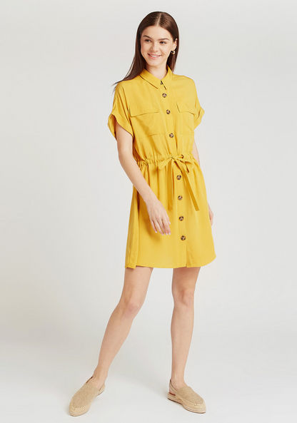 Solid Mini Shirt Dress with Flap Pockets and Tie Ups
