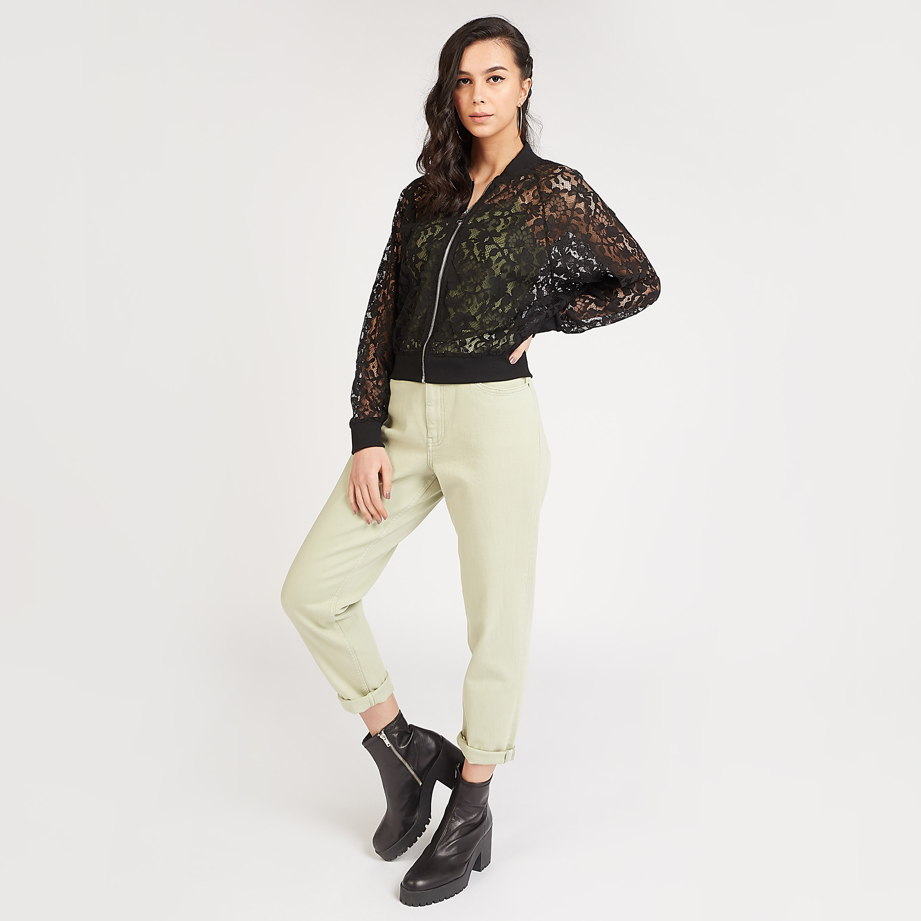 Shop Lace Jacket with Front Zip Opening and Long Sleeves Online Splash Bahrain