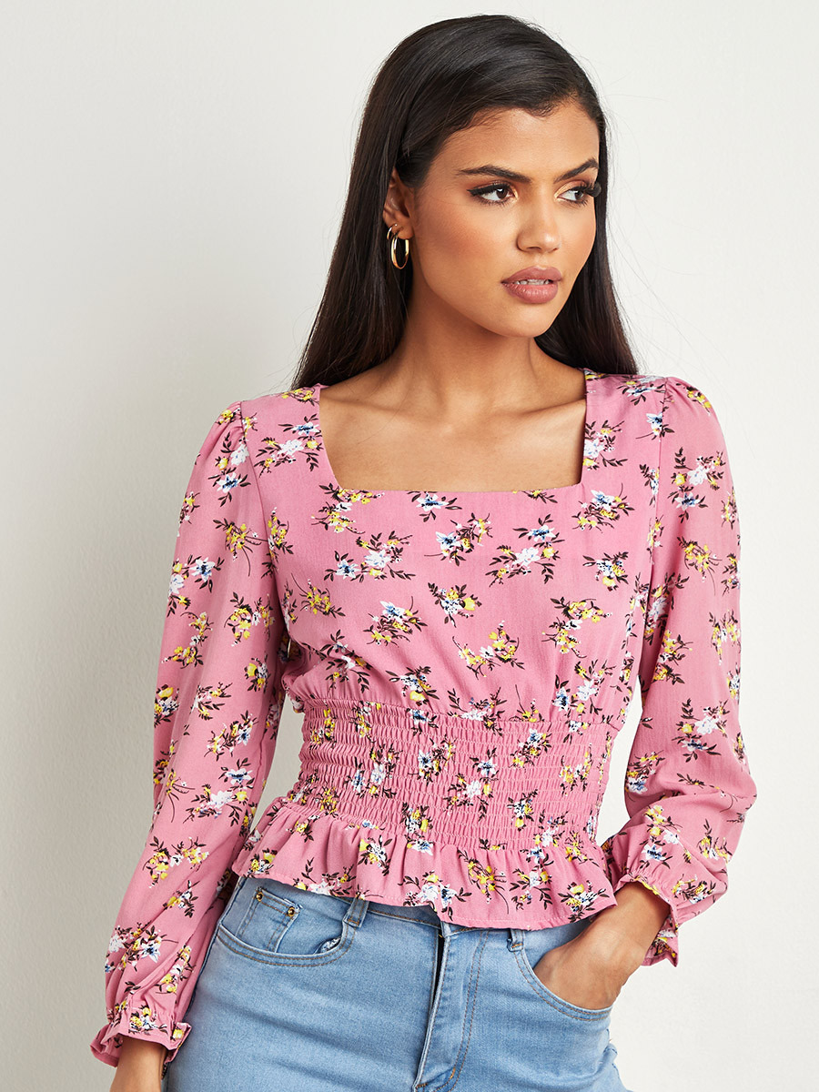 بلوزة قصيرة مطبوعة ومزمومة من ستايلي-women-clothing-shirtsandblouses-blouses-image-1