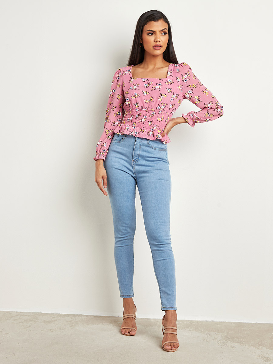بلوزة قصيرة مطبوعة ومزمومة من ستايلي-women-clothing-shirtsandblouses-blouses-image-2