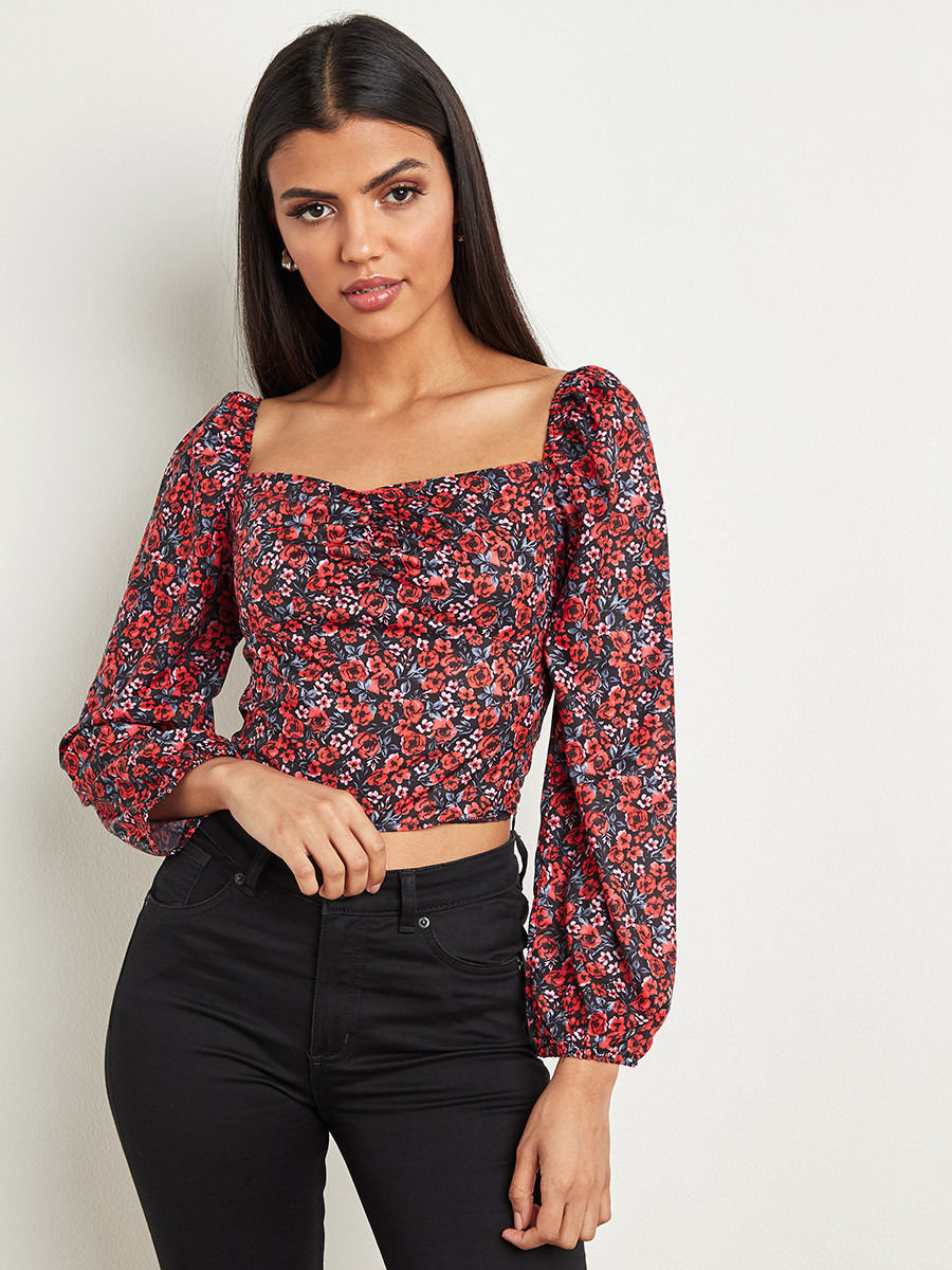 Styli Floral Print Shirred Back Detail Crop Top-women-clothing-shirtsandblouses-blouses-image-1