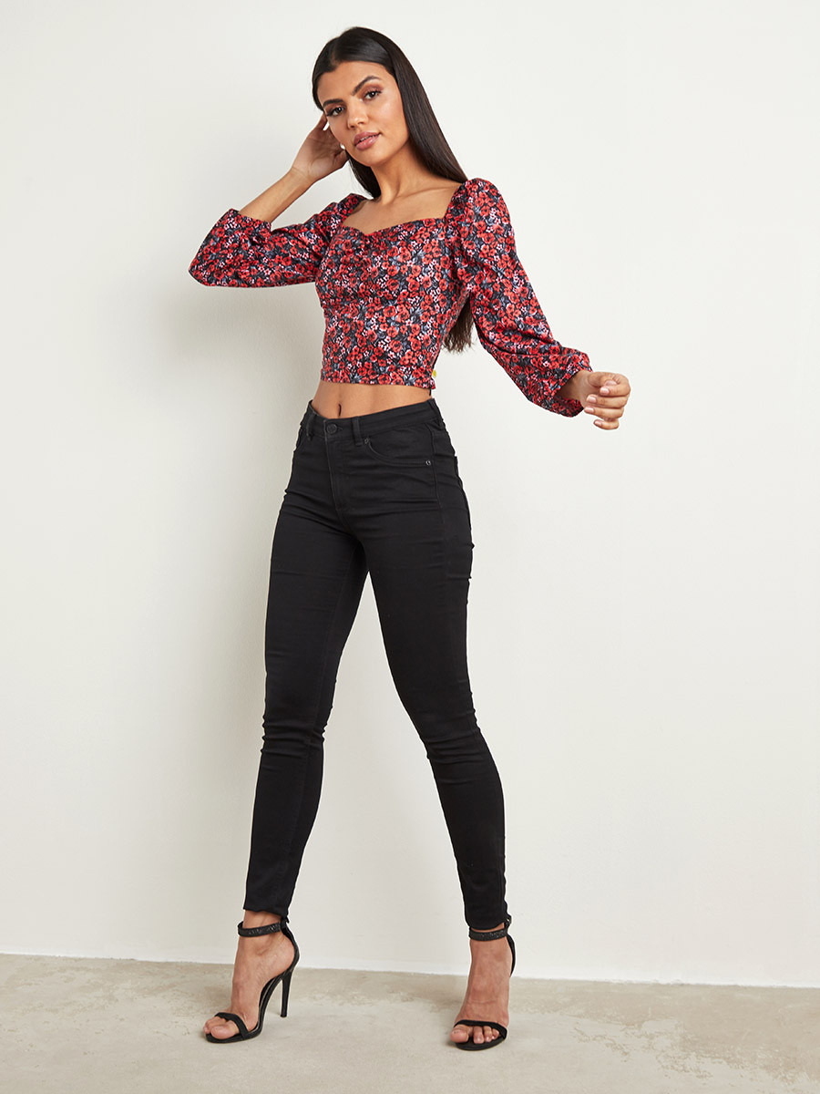 Styli Floral Print Shirred Back Detail Crop Top-women-clothing-shirtsandblouses-blouses-image-2